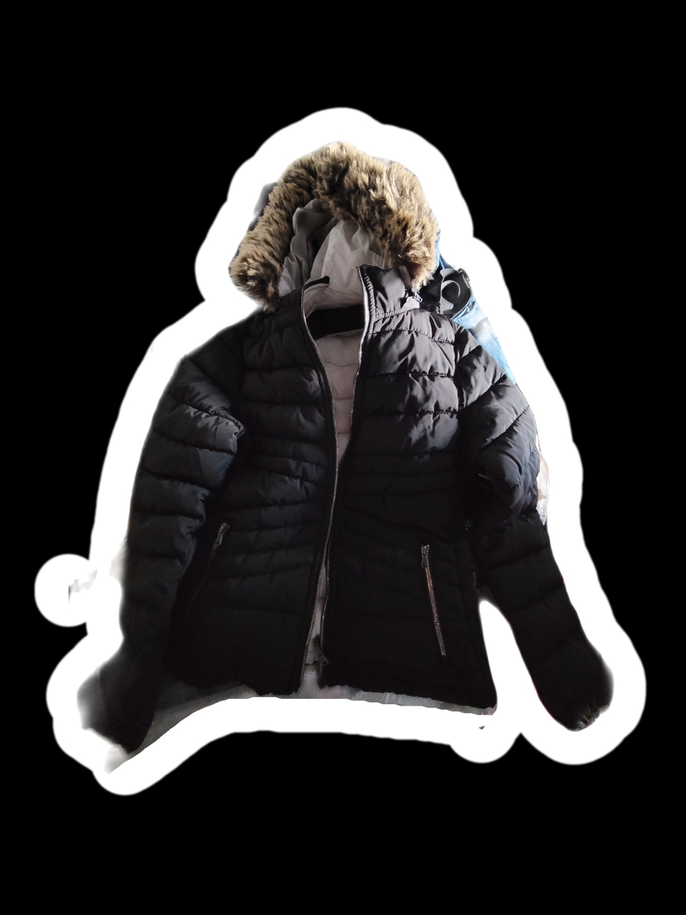 Black Quilted Hooded Winter Jacket with Faux Fur Trim